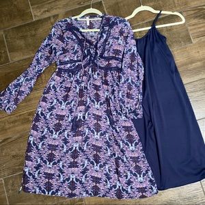 (Like New) Boho Purple Floral Long Sleeve Lace Up Midi Dress